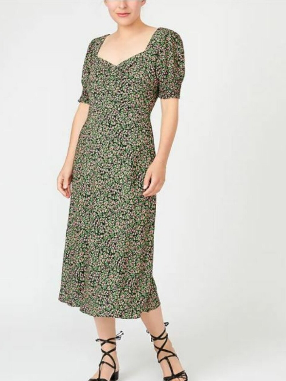J. Crew Sweetheart Neckline Petite Floral Midi Dress Puff Sleeve Black Combo 6